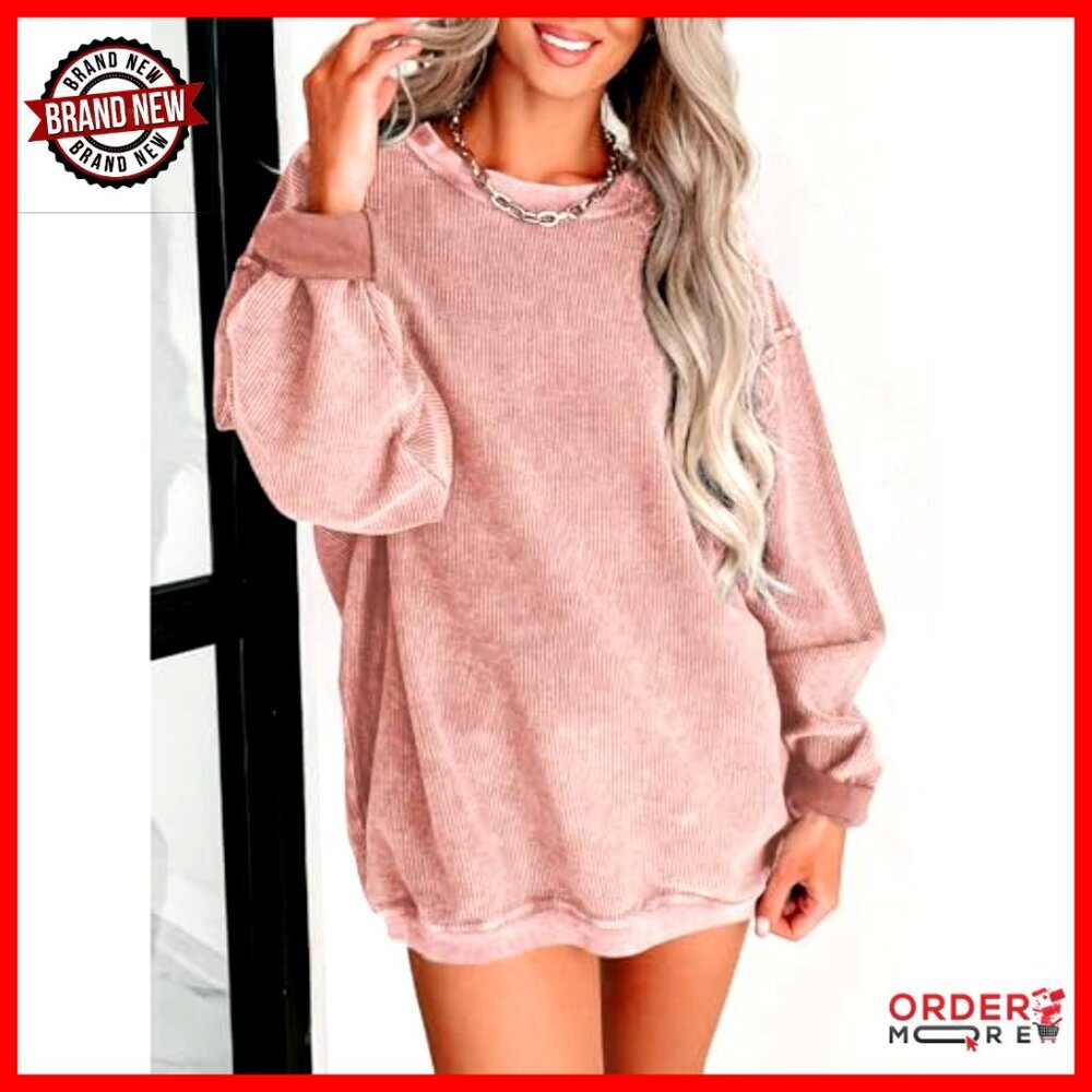 Oversized Corduroy Crewneck Sweatshirt Long Sleeve Pullover Top - Picture 2 of 7